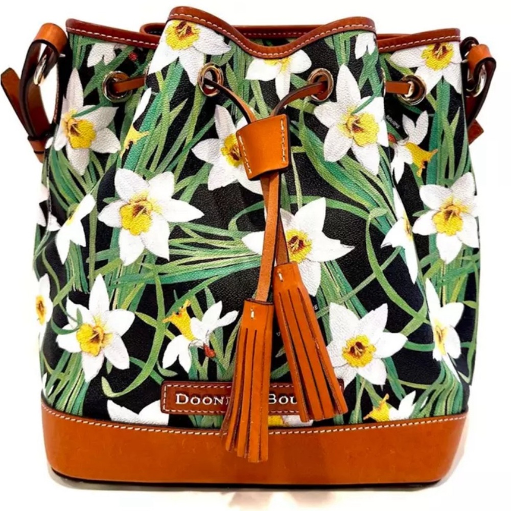 Dooney & Bourke Daffodil Flower Multicolor Drawstring Leather Bucket Bag Purse